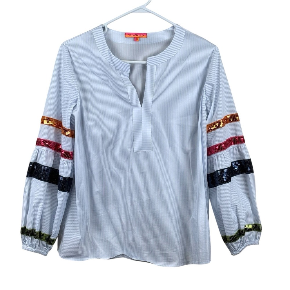 Vilagallo Blouse Womens 40, Long Sleeve, Striped Popover Sequin Trim Arms